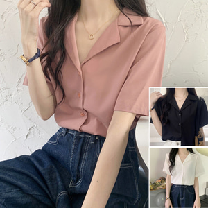 여성 기본 베이직 여름 반팔 카라 셔츠형 블라우스 흰색 검정 핑크