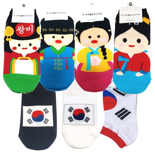 국내생산 여성용 주니어용 한국 전통 캐릭터 덧신 양말 조선시대 태극기 불닭복음면 외국인 선물